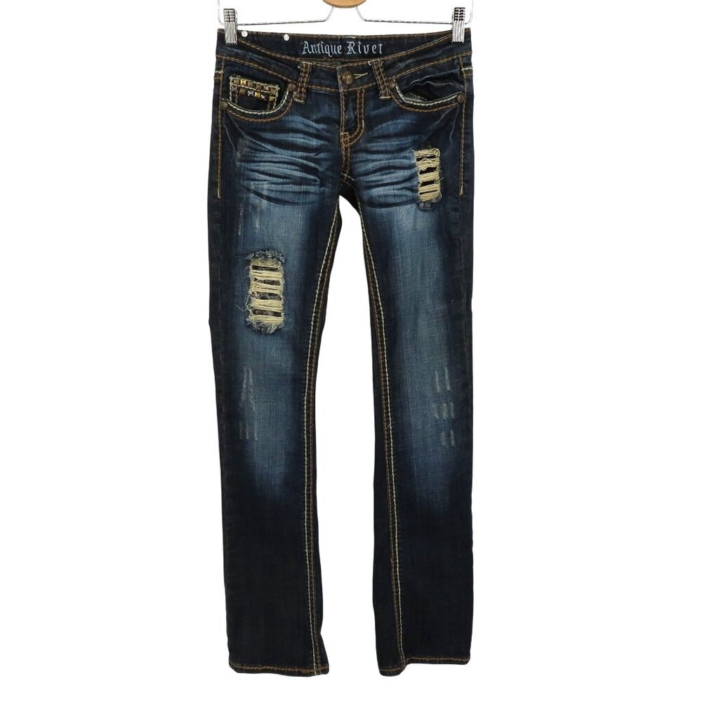 Antique Rivet Women 25 Blue Whiskered Pyramid Stud Distressed Denim Jeans Cotton